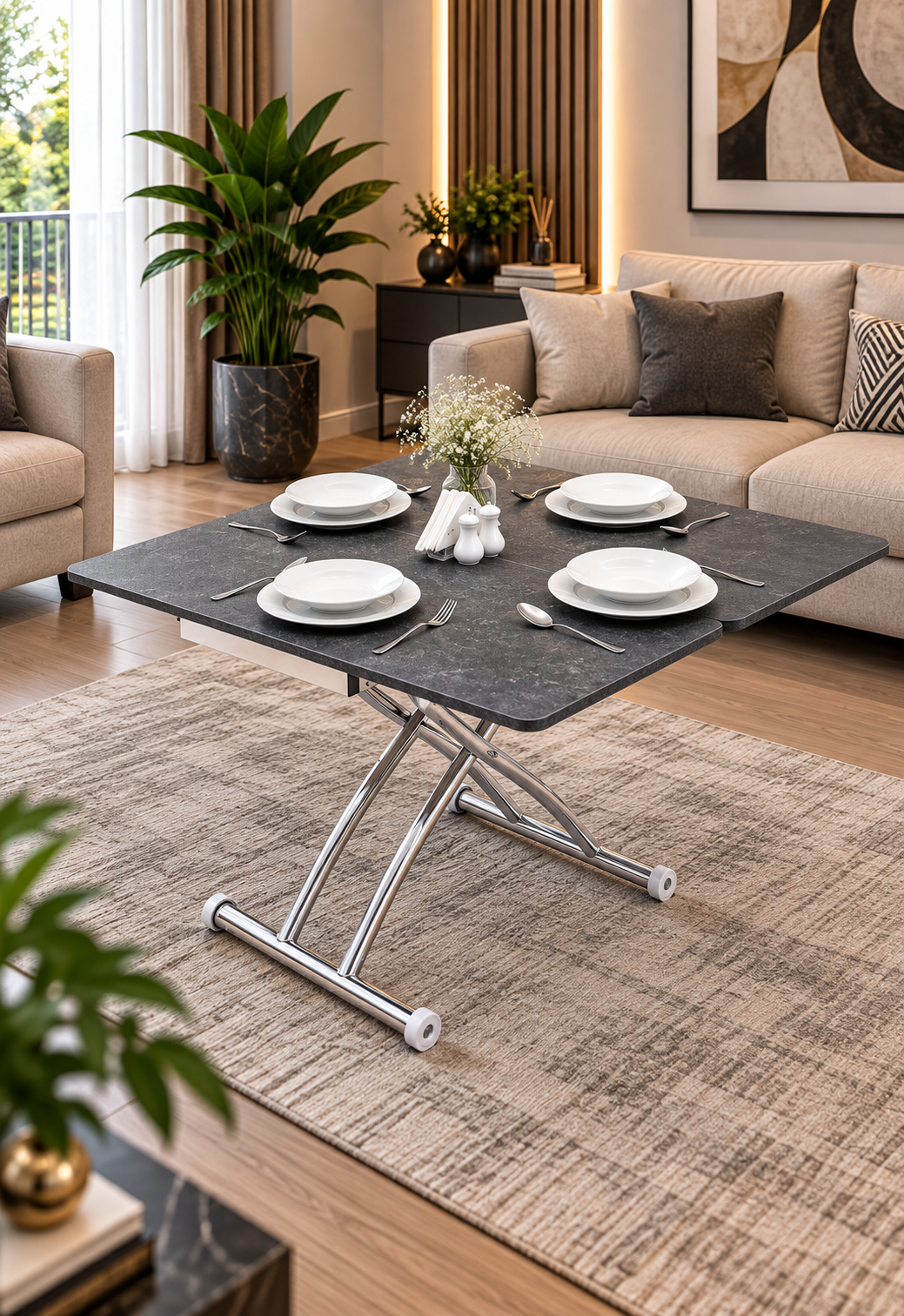Mini Juppo Smart Coffee Table – Milled Anthracite MDF Top & Chrome-Plated Outward-Curved Leg