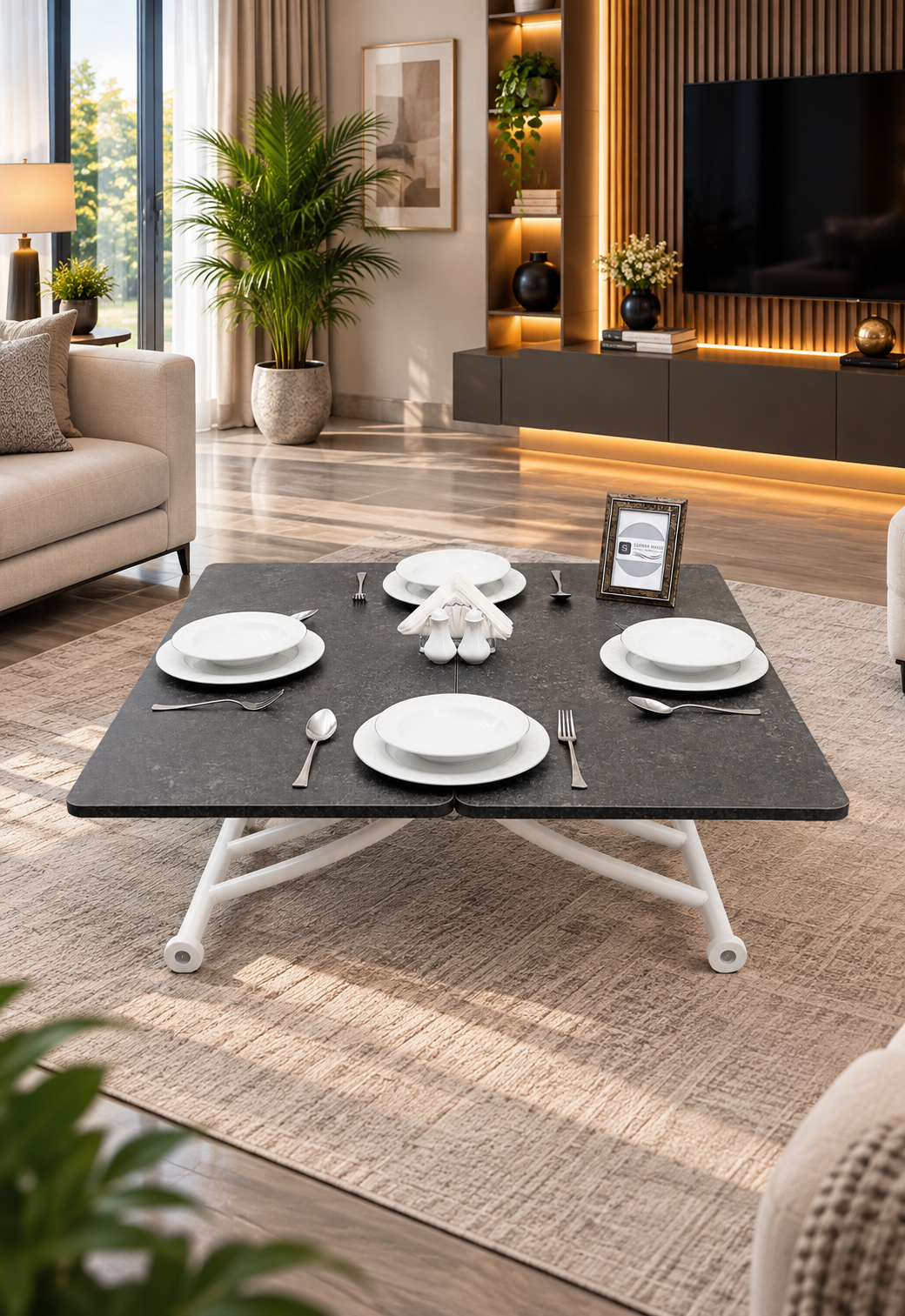 Mini Juppo Smart Coffee Table – Routered Anthracite MDF Top & White Metal Legs