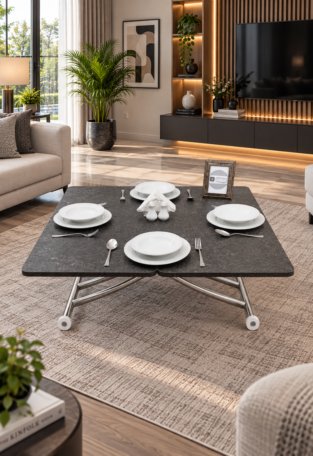 Mini Juppo Smart Coffee Table – Milled Anthracite MDF Top & Chrome Plated Metal Leg