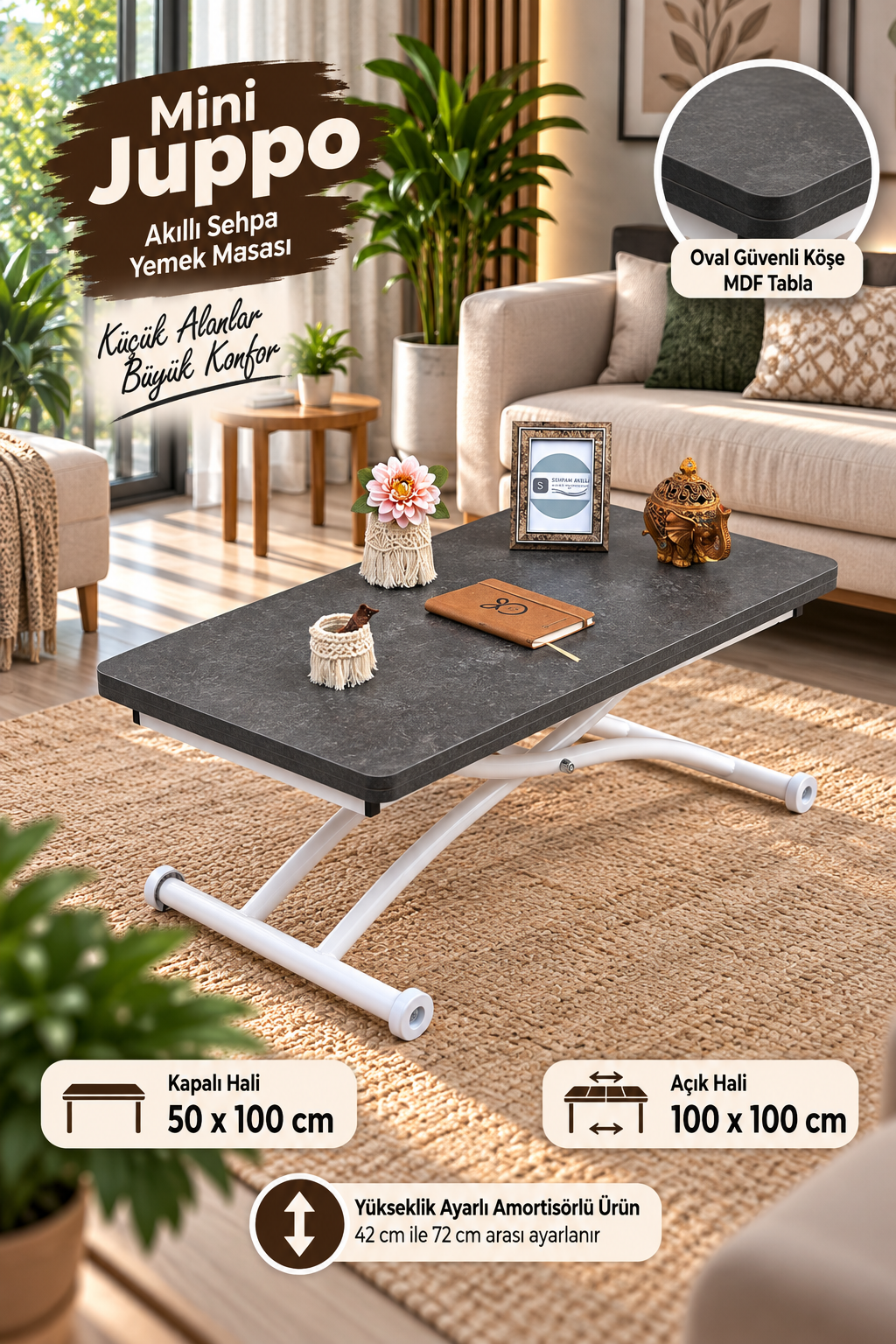 Mini Juppo Smart Coffee Table – Anthracite Grooved MDF Top & White Outward-Curved Metal Legs