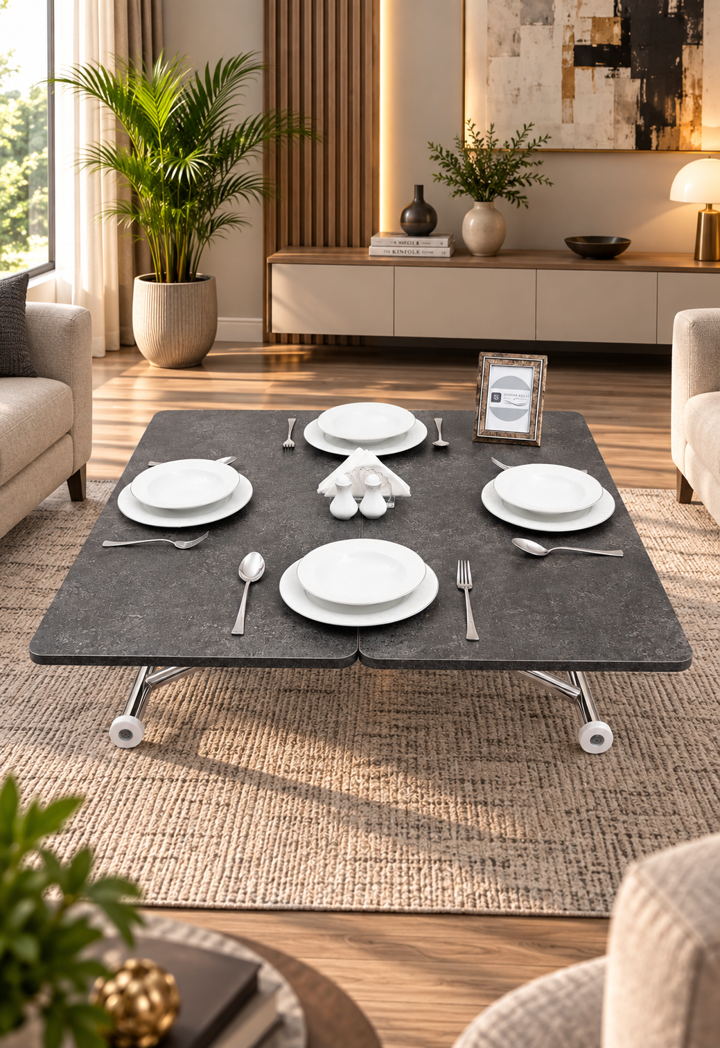 Mini Juppo Smart Coffee Table – Milled Anthracite MDF Top & Chrome-Plated Outward-Curved Leg