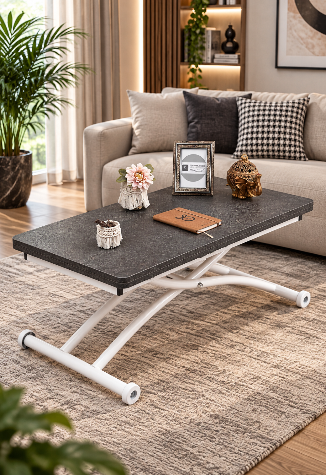 Mini Juppo Smart Coffee Table – Anthracite Grooved MDF Top & White Outward-Curved Metal Legs