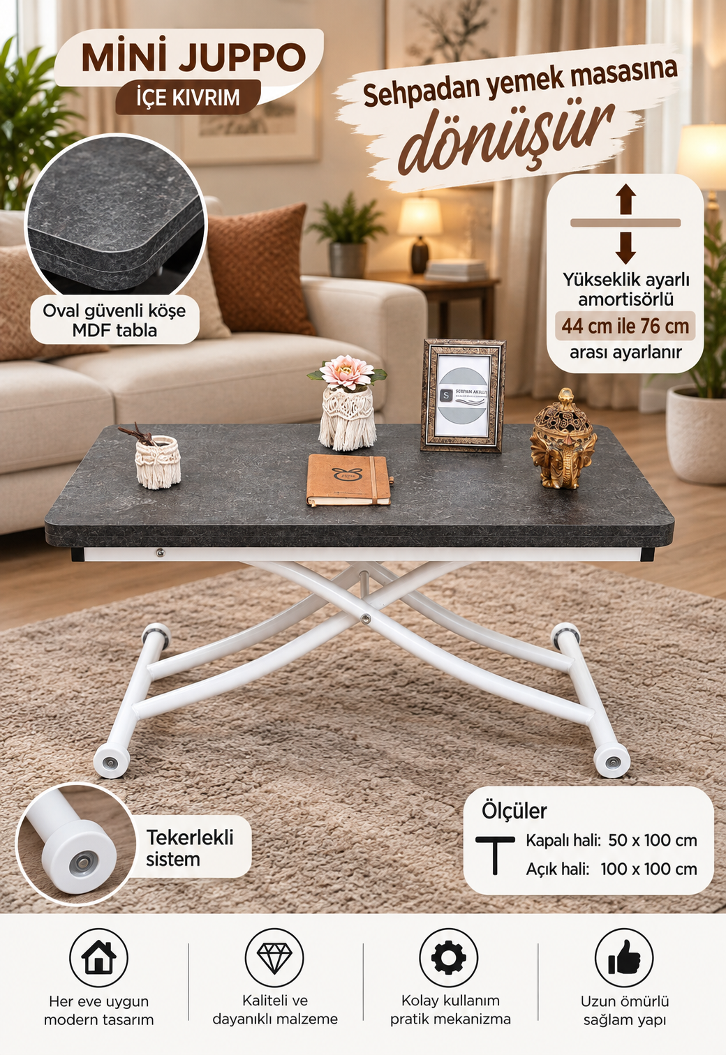 Mini Juppo Smart Coffee Table – Routered Anthracite MDF Top & White Metal Legs