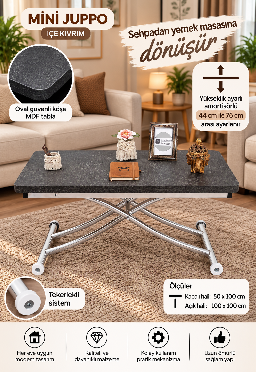Mini Juppo Smart Coffee Table – Milled Anthracite MDF Top & Chrome Plated Metal Leg