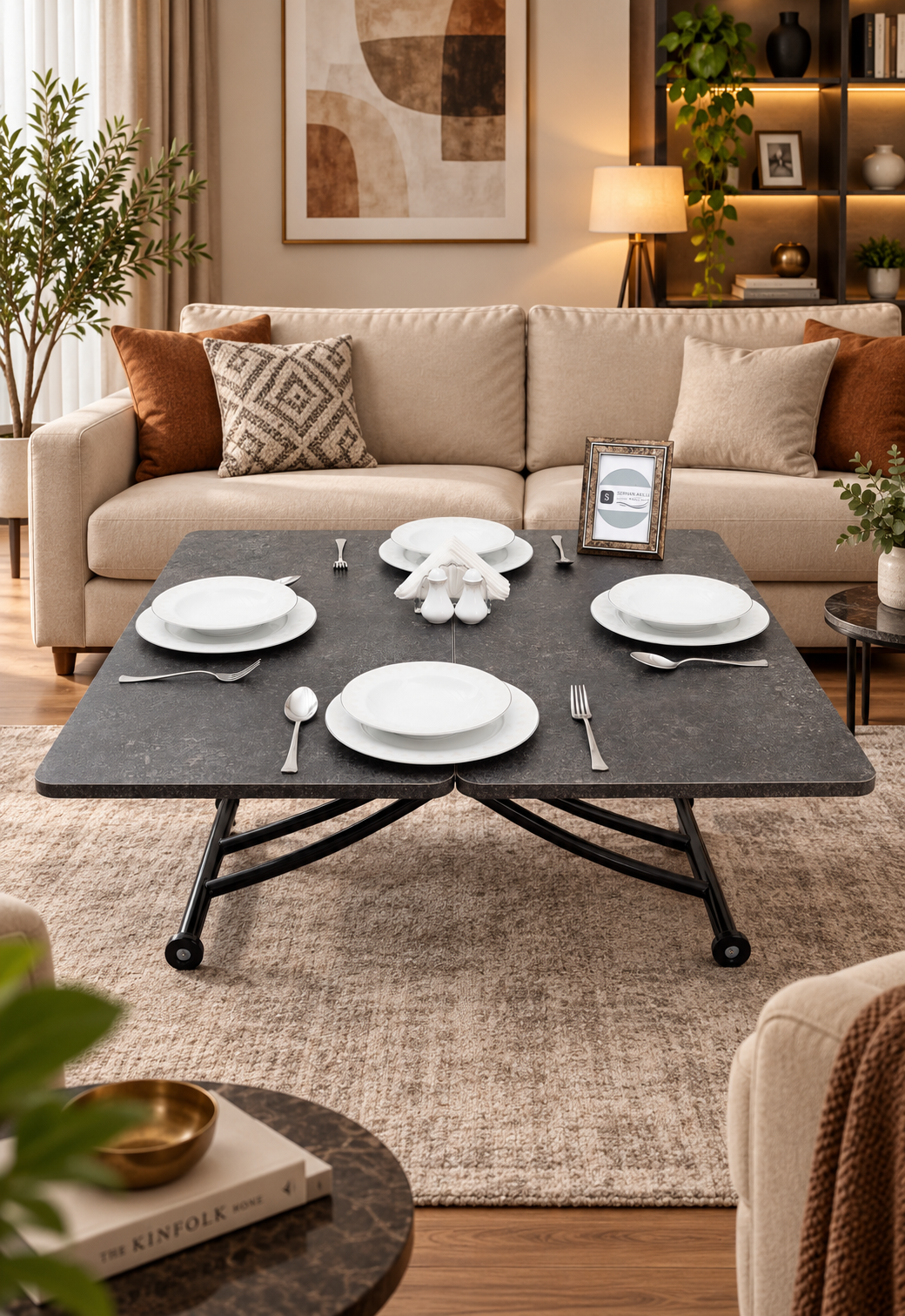 Mini Juppo Smart Coffee Table – Grooved Anthracite MDF Top & Black Metal Legs