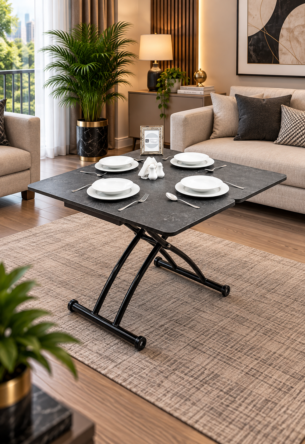 Mini Juppo Smart Coffee Table – Routered Anthracite MDF Top & Black Outward Curving Metal Leg