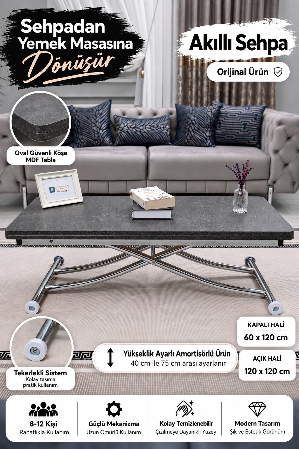 Juppo Smart Coffee Table – Milled Anthracite MDF Top & Chrome Metal Legs