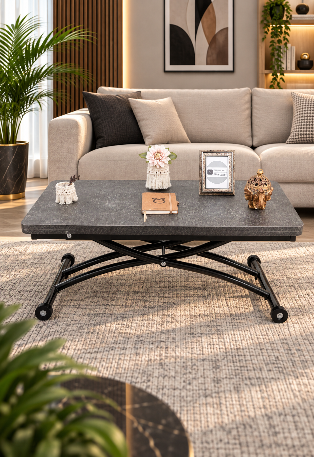 Mini Juppo Smart Coffee Table – Routered Anthracite MDF Top & Black Outward Curving Metal Leg