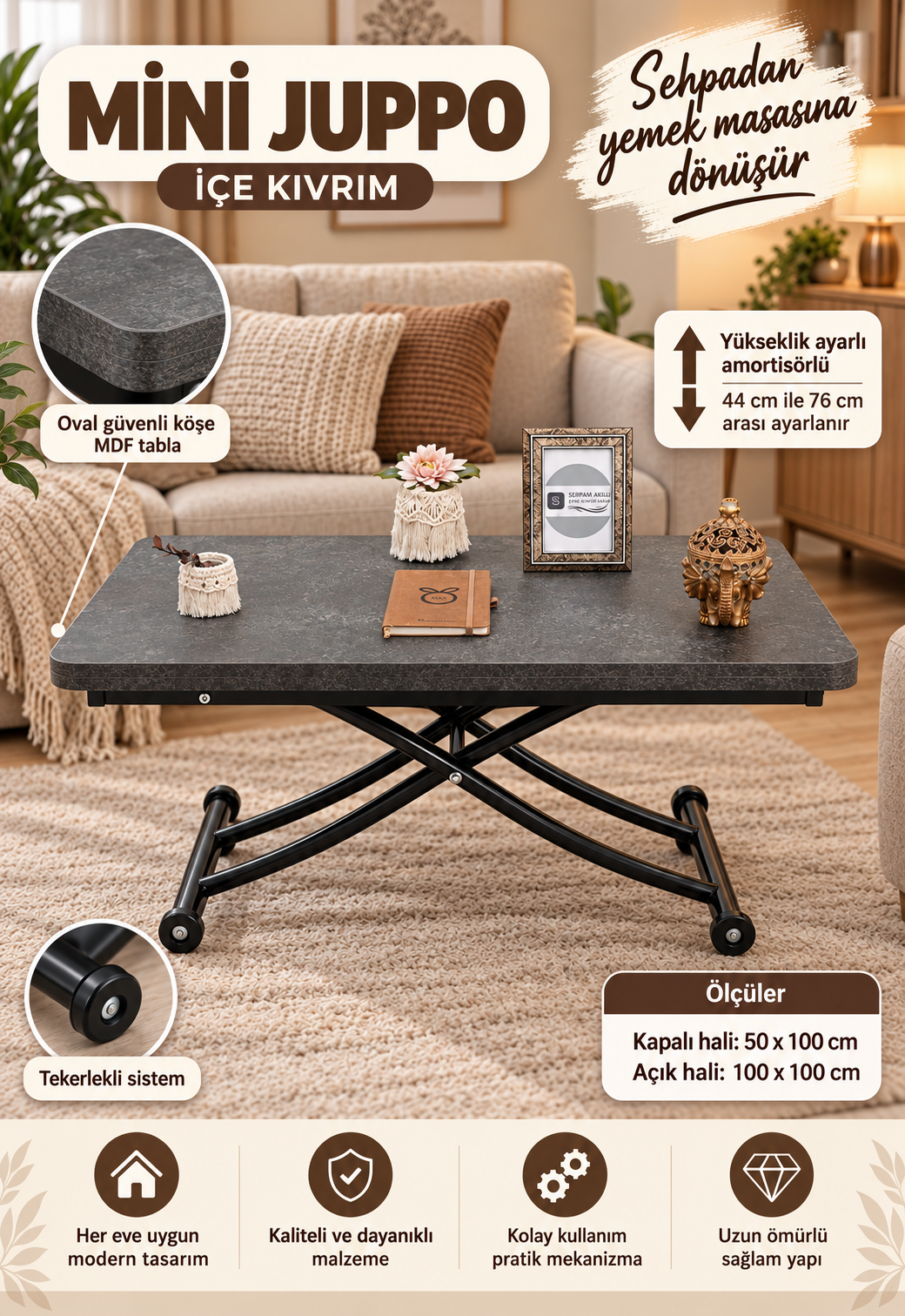 Mini Juppo Smart Coffee Table – Grooved Anthracite MDF Top & Black Metal Legs