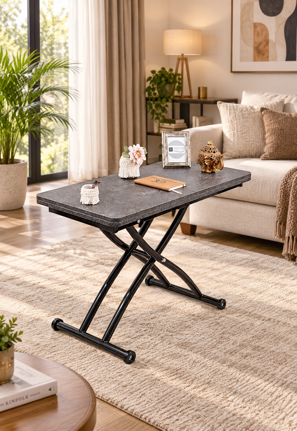 Mini Juppo Smart Coffee Table – Routered Anthracite MDF Top & Black Outward Curving Metal Leg