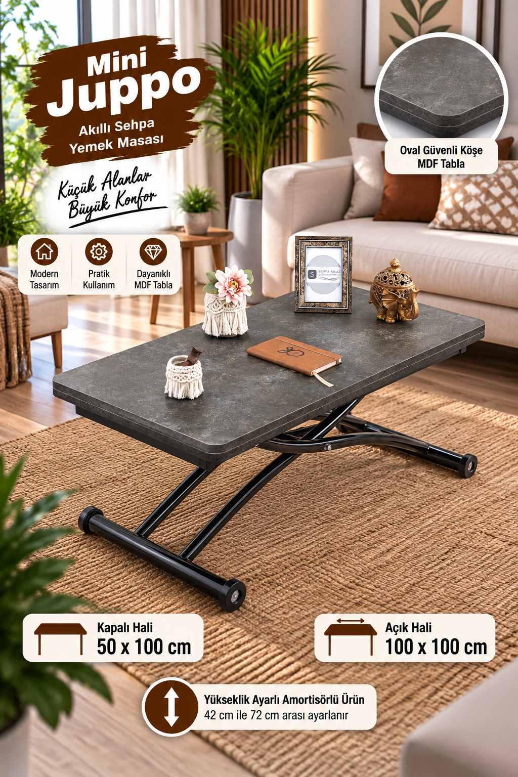 Mini Juppo Smart Coffee Table – Routered Anthracite MDF Top & Black Outward Curving Metal Leg