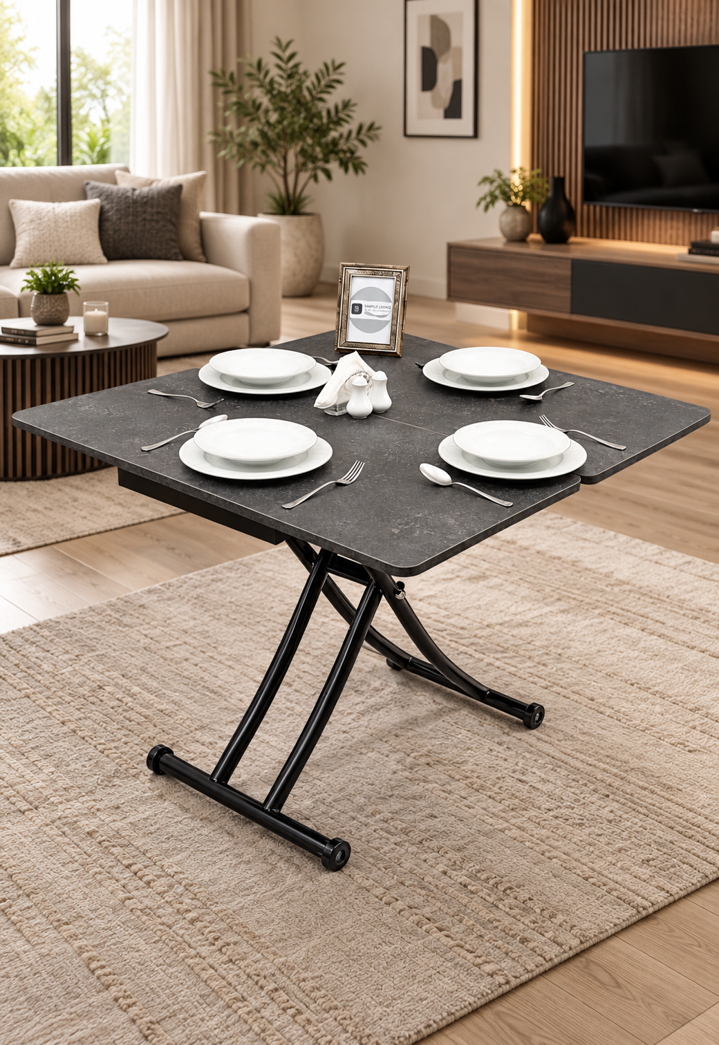 Mini Juppo Smart Coffee Table – Grooved Anthracite MDF Top & Black Metal Legs