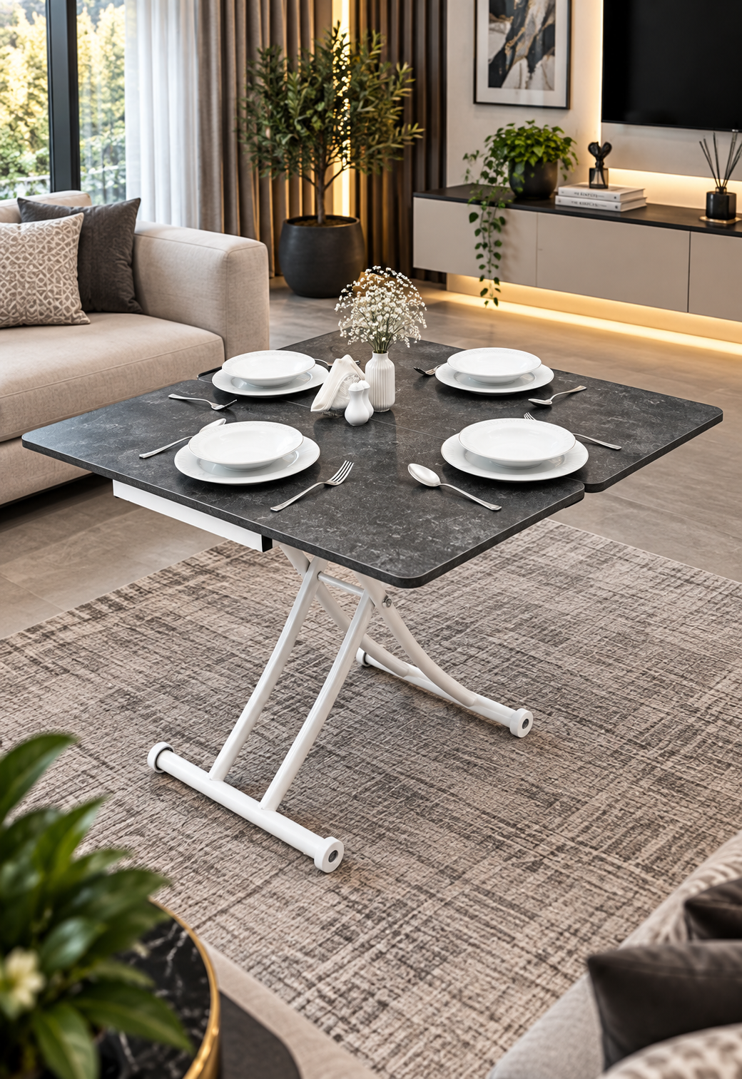 Mini Juppo Smart Coffee Table – Routered Anthracite MDF Top & White Metal Legs