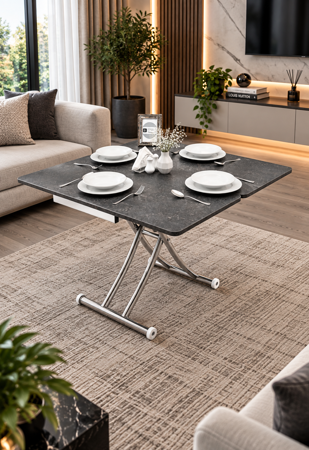 Mini Juppo Smart Coffee Table – Milled Anthracite MDF Top & Chrome Plated Metal Leg