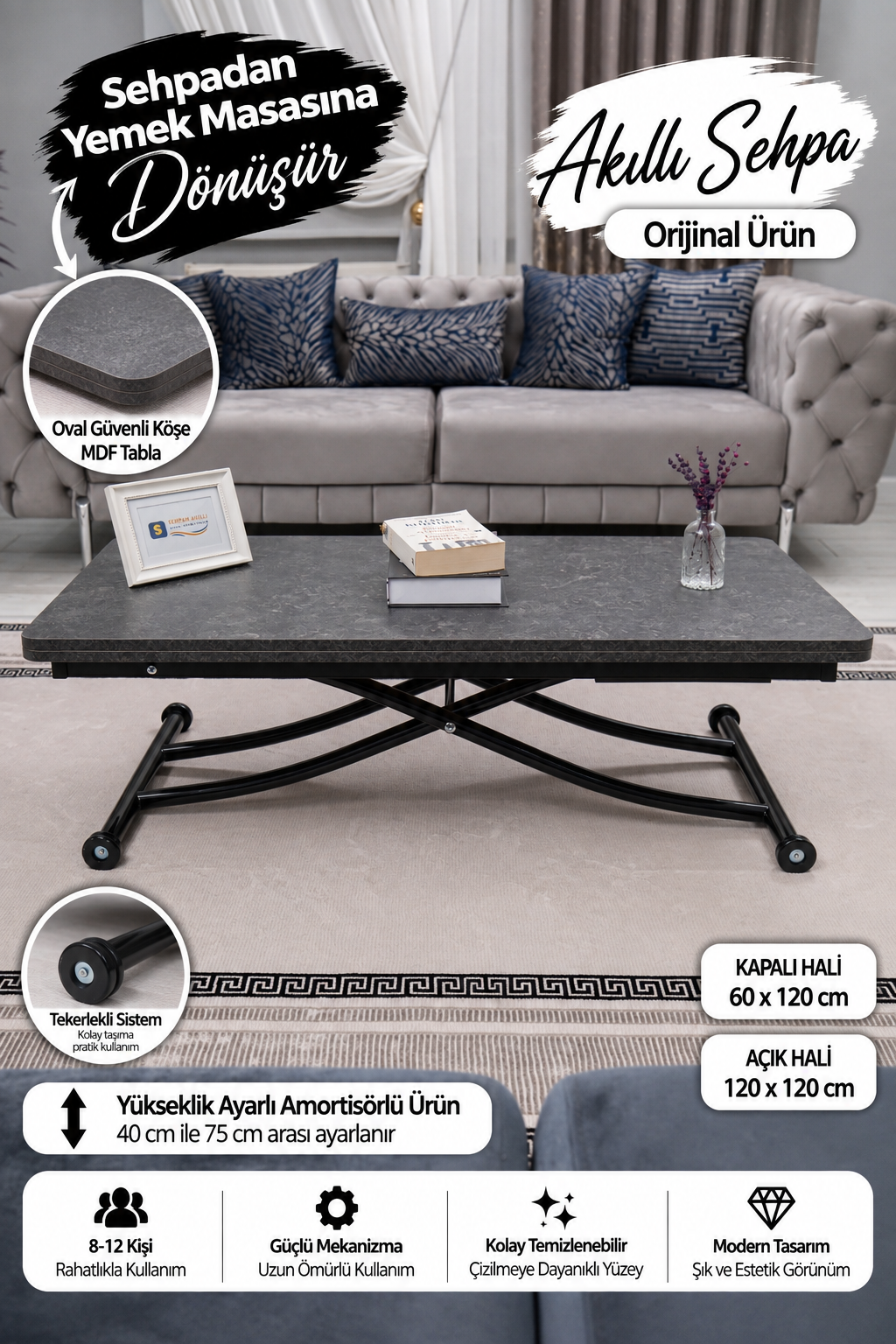 Juppo Smart Coffee Table – Anthracite Grooved MDF Top & Black Metal Legs