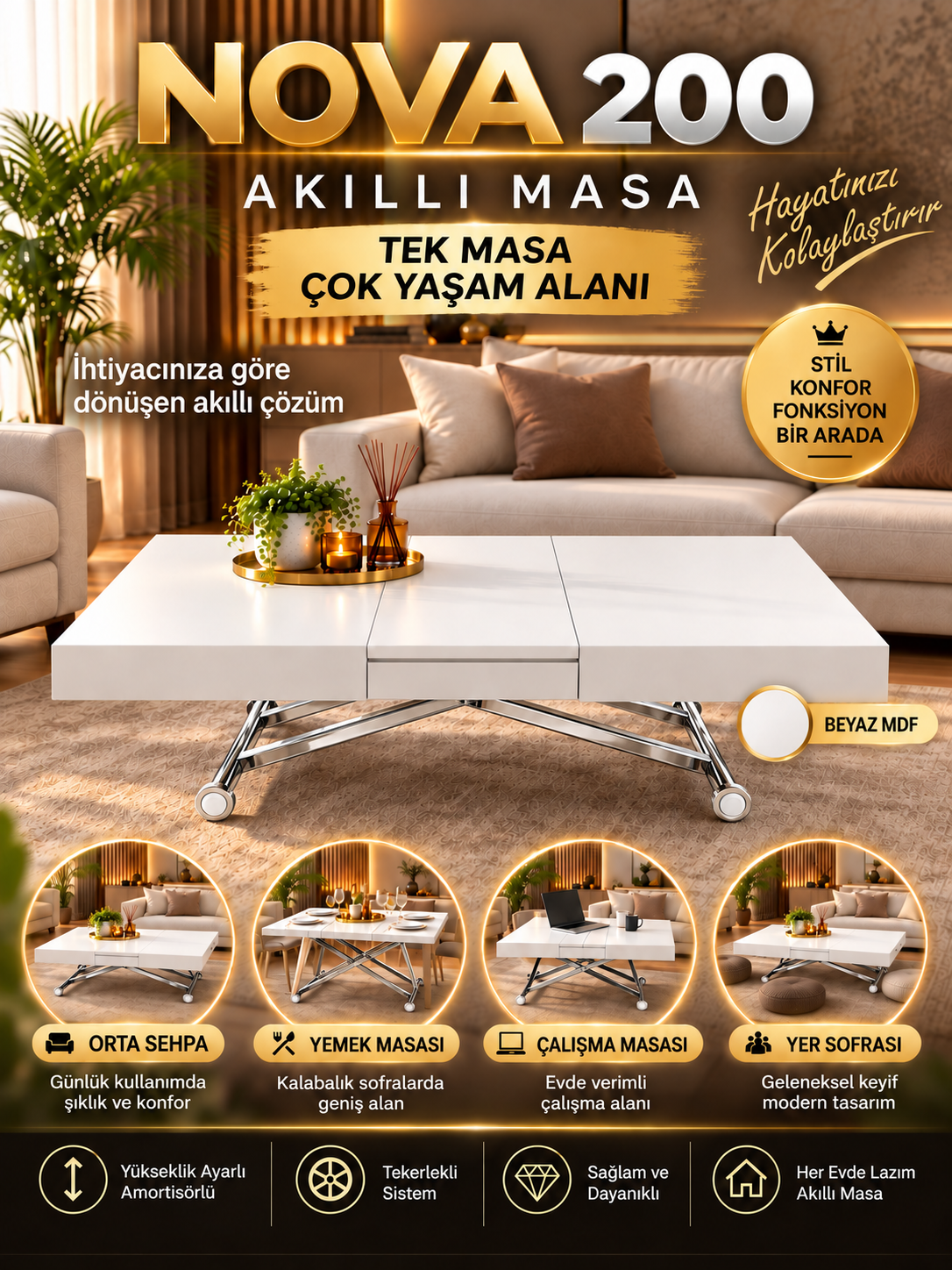 Oval Side-Opening Smart Table | Travertine MDF & Black