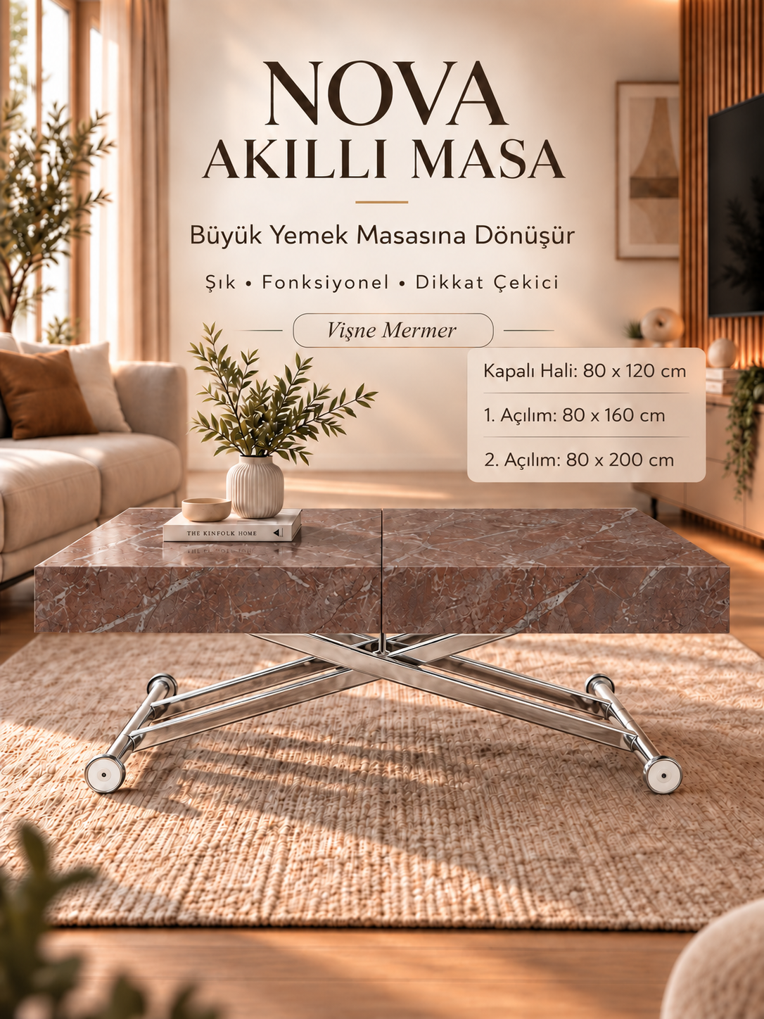 Oval Side-Opening Smart Table | Travertine MDF & Black