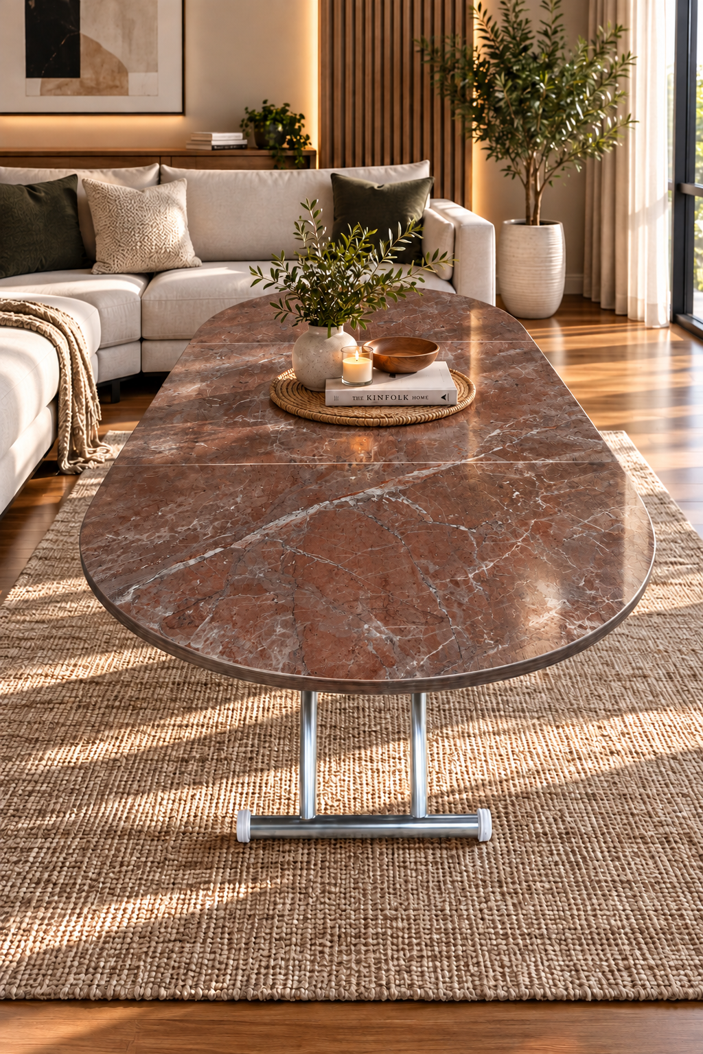 Ortadan Açılır Oval Akıllı Masa | VişneMermer MDF & Krom
