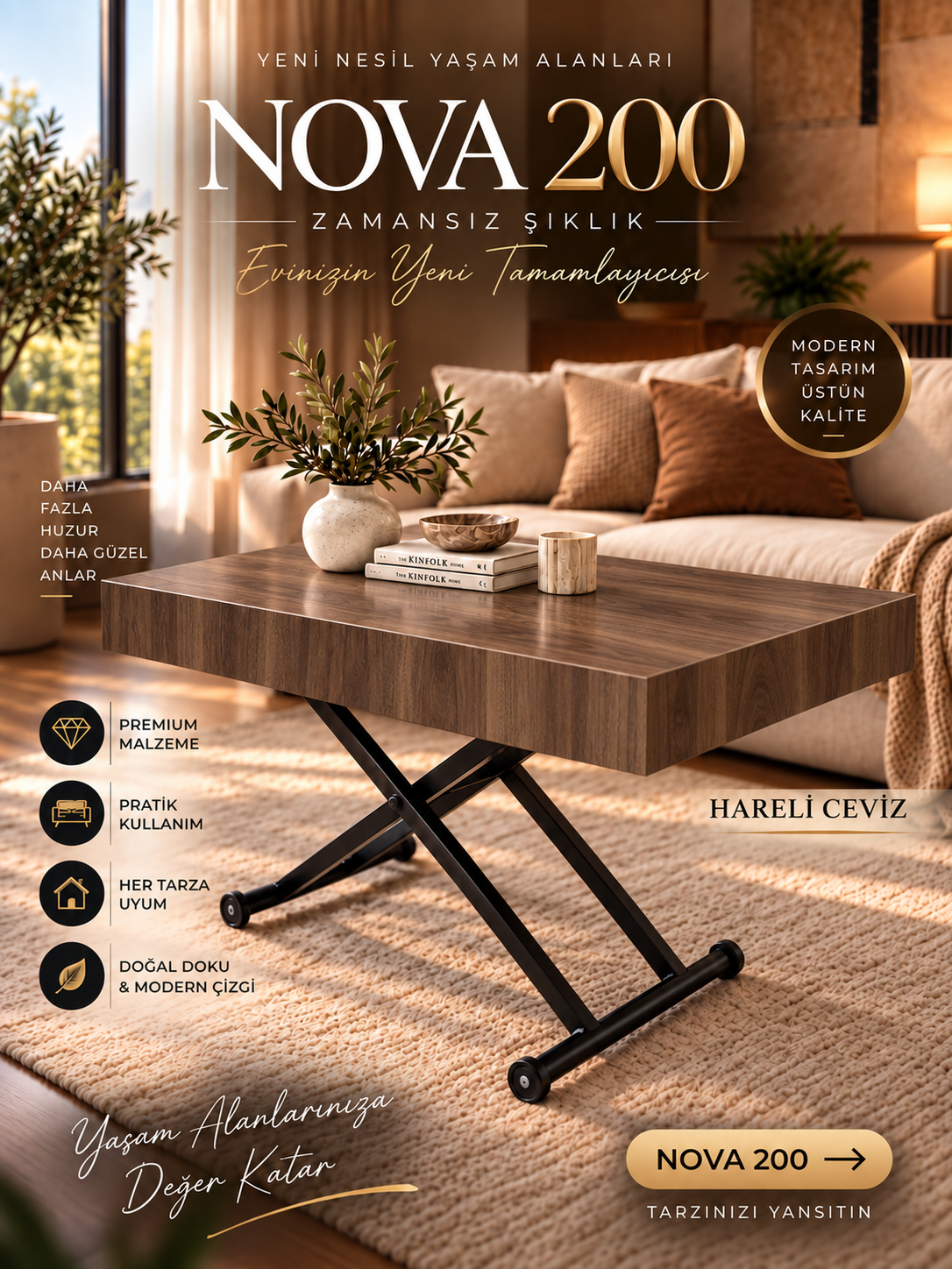 Oval Side-Opening Smart Table | Travertine MDF & Black