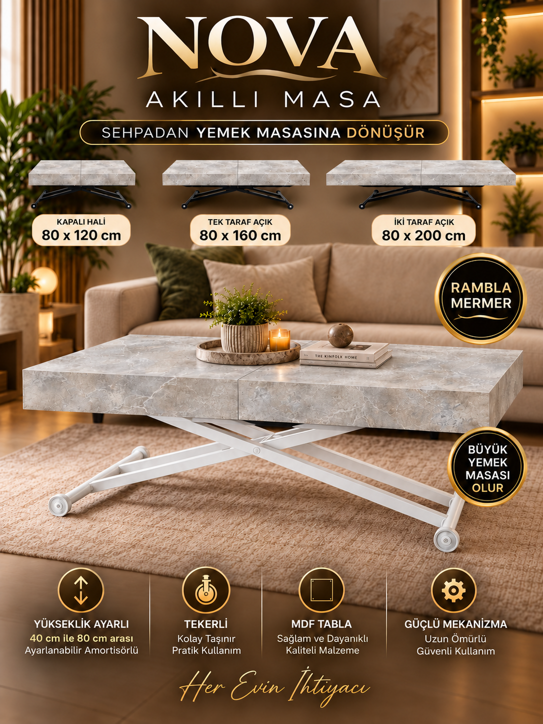 Oval Side-Opening Smart Table | Travertine MDF & Black