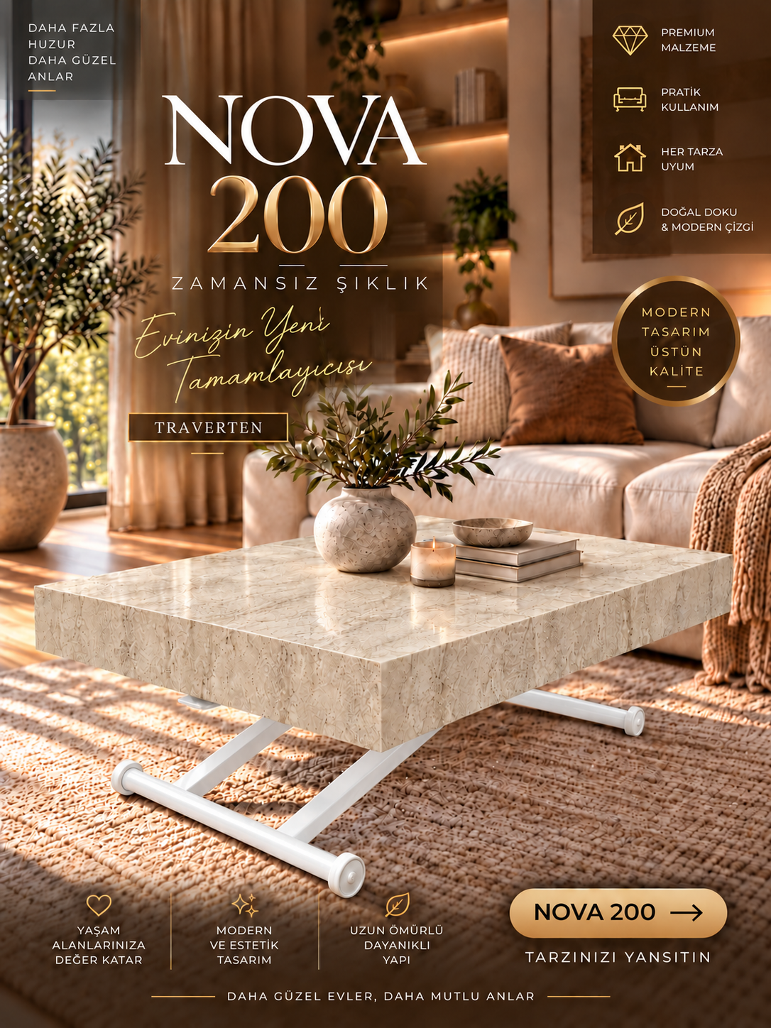 Oval Side-Opening Smart Table | Travertine MDF & Black