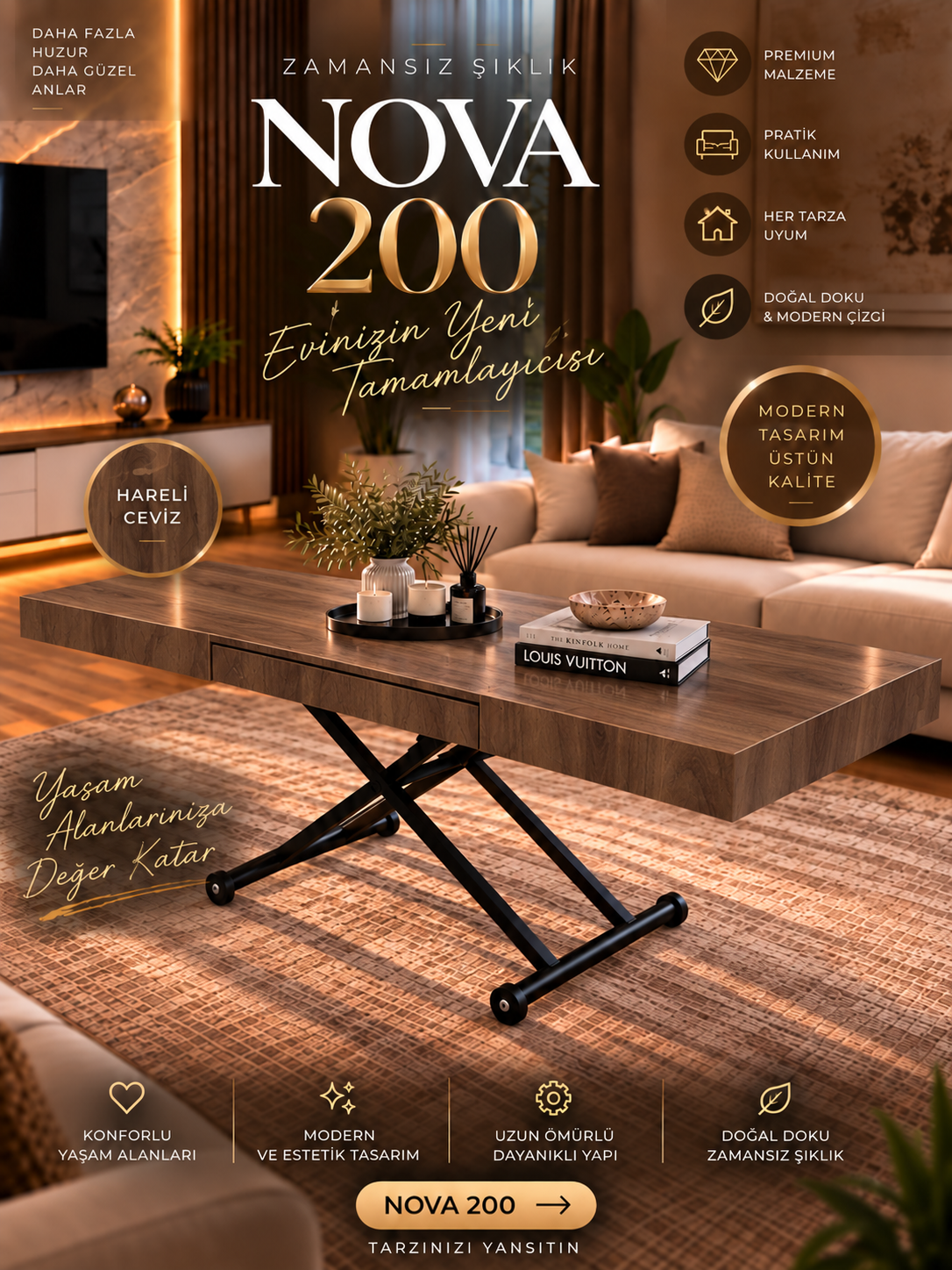 Oval Side-Opening Smart Table | Travertine MDF & Black