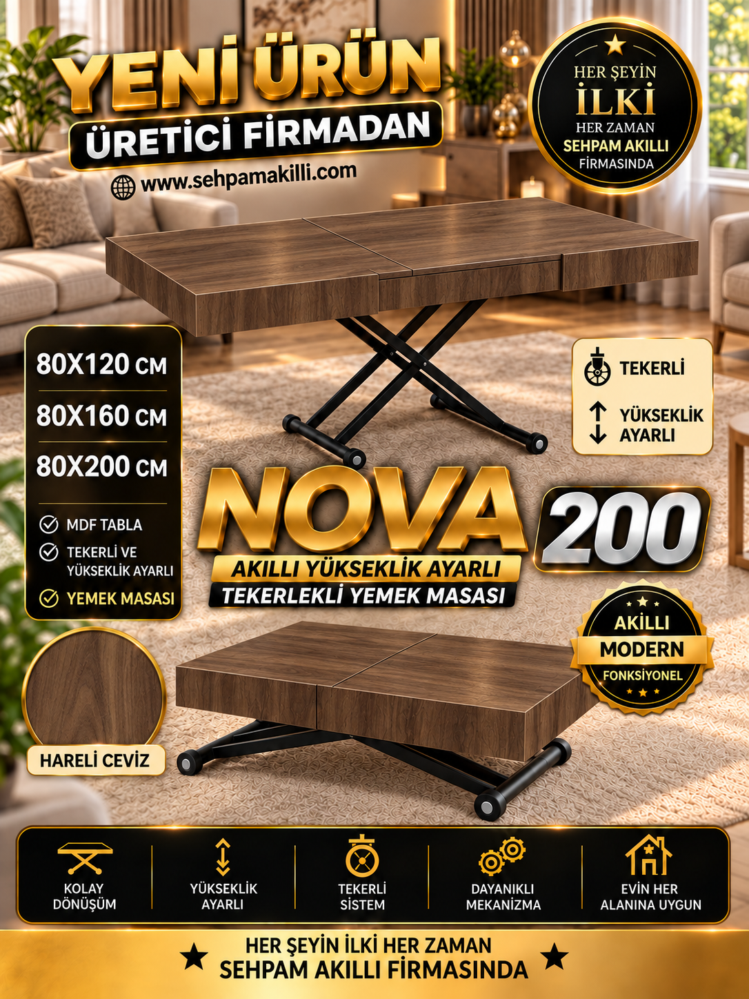 Oval Side-Opening Smart Table | Travertine MDF & Black
