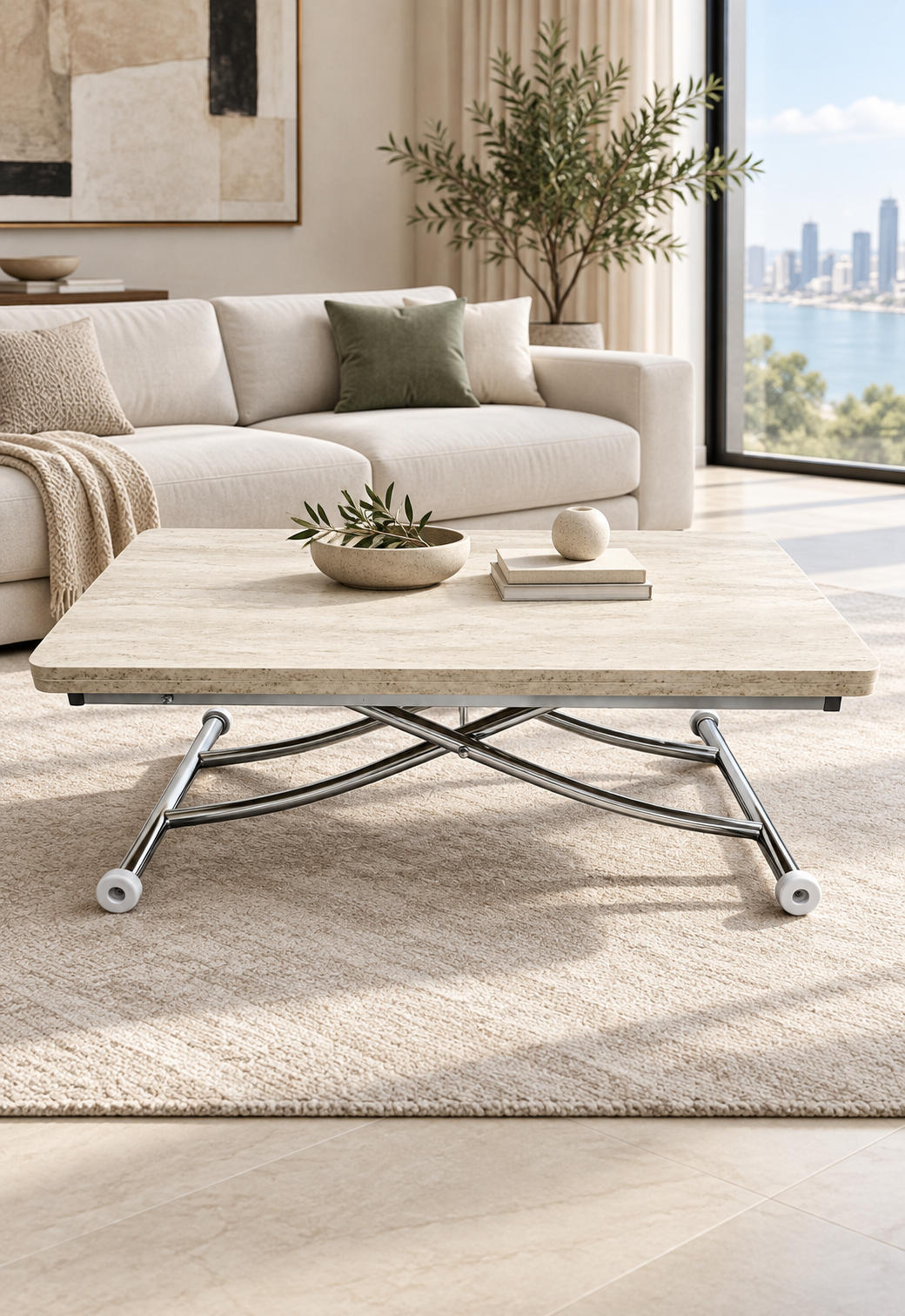 Juppo Smart Coffee Table – Travertine MDF Top & Chrome Metal Legs