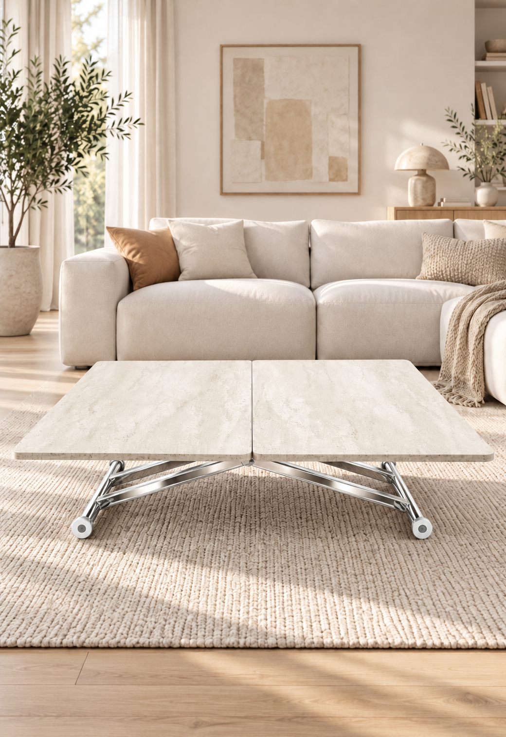 Home Smart Coffee Table – Travertine MDF Top & Chrome Plated Metal Legs