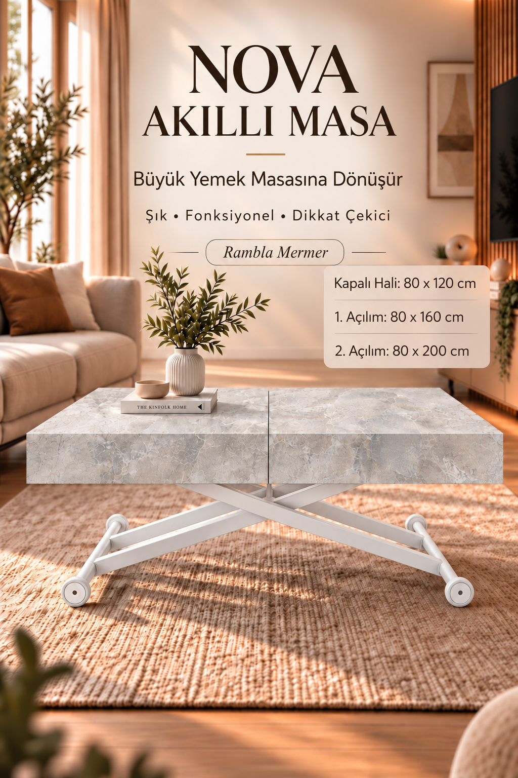 Oval Side-Opening Smart Table | Travertine MDF & Black