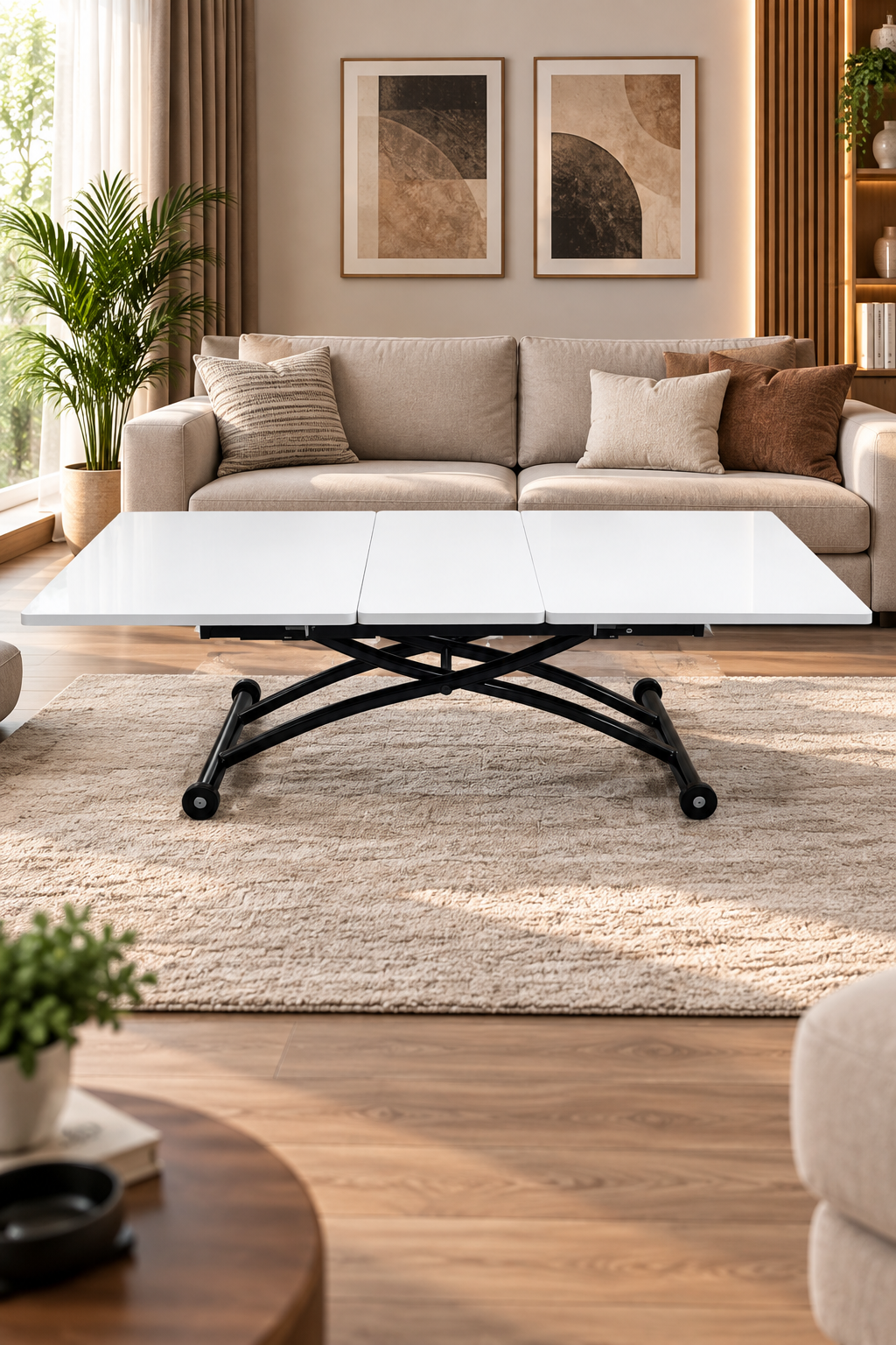Center Opening Square Smart Table | White Marble MDF & Black