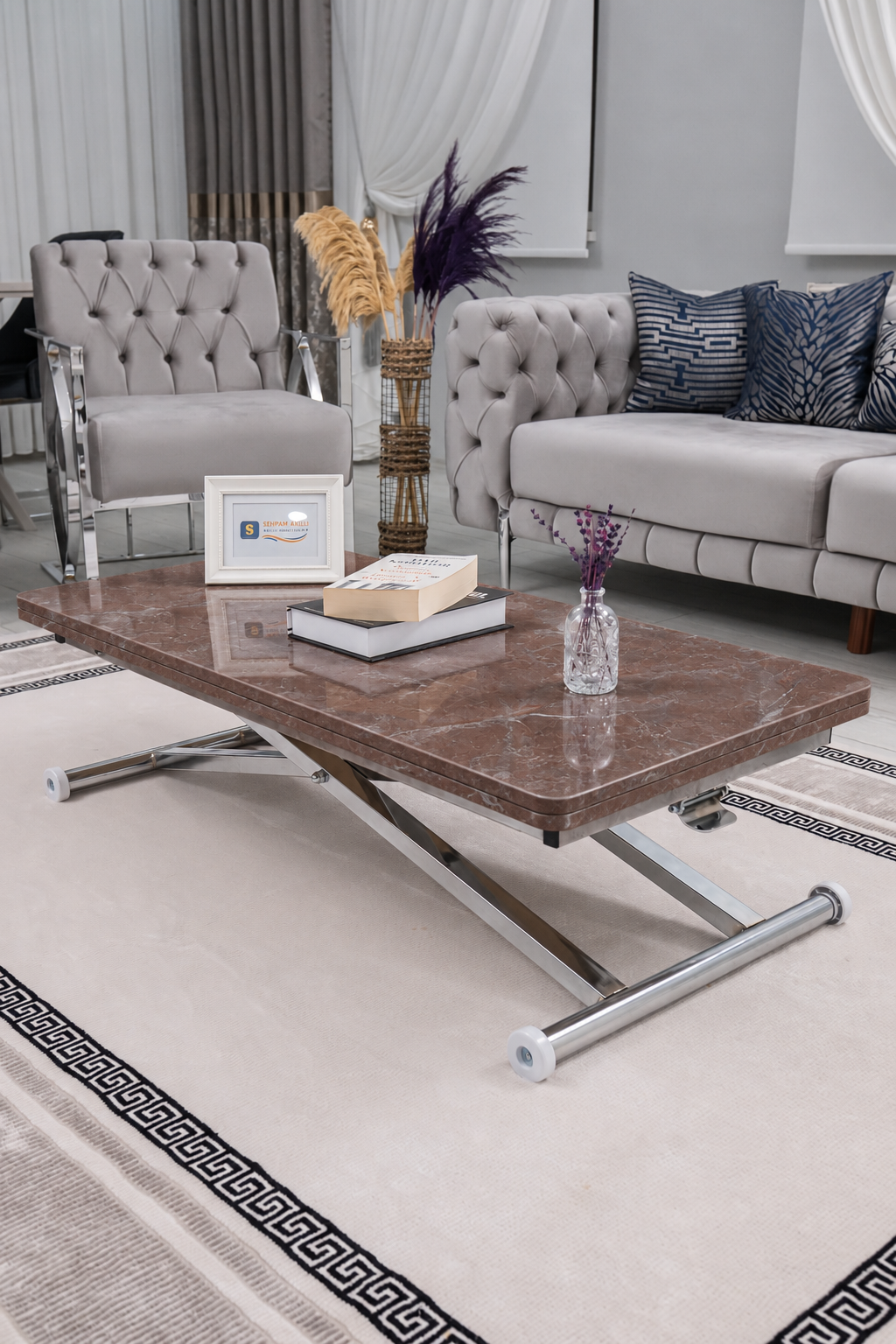 Home Akıllı Sehpa – VişneMermer MDF Üst & Krom Kaplama Metal Ayak