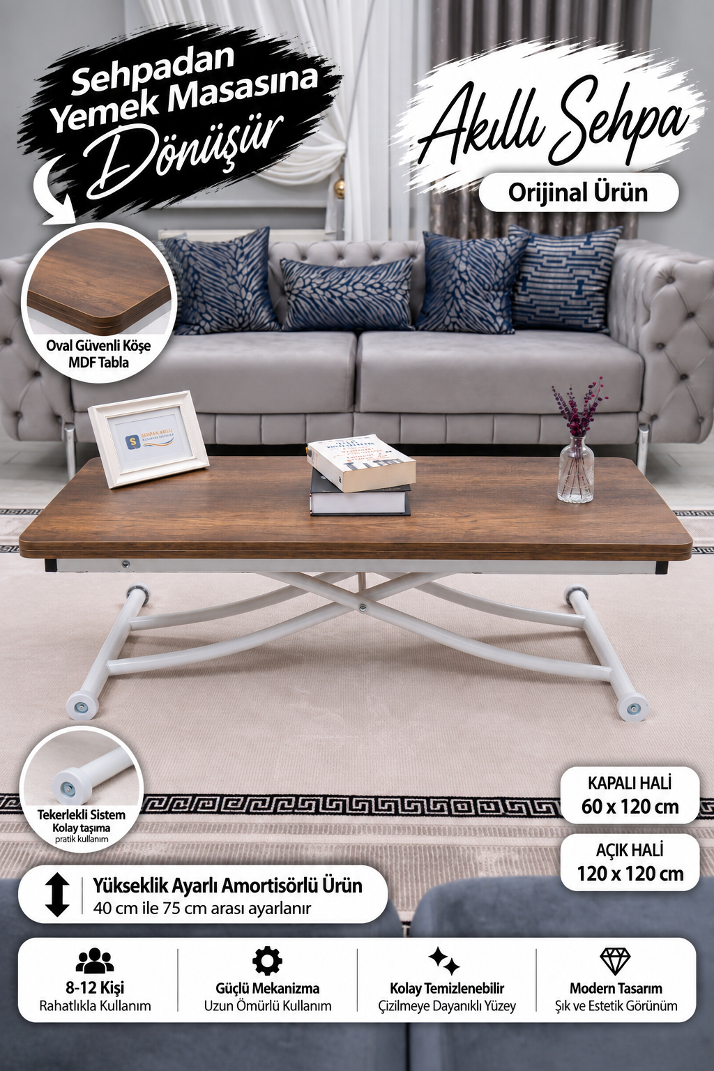 Juppo Smart Coffee Table – Antique Light MDF Top & White Metal Legs