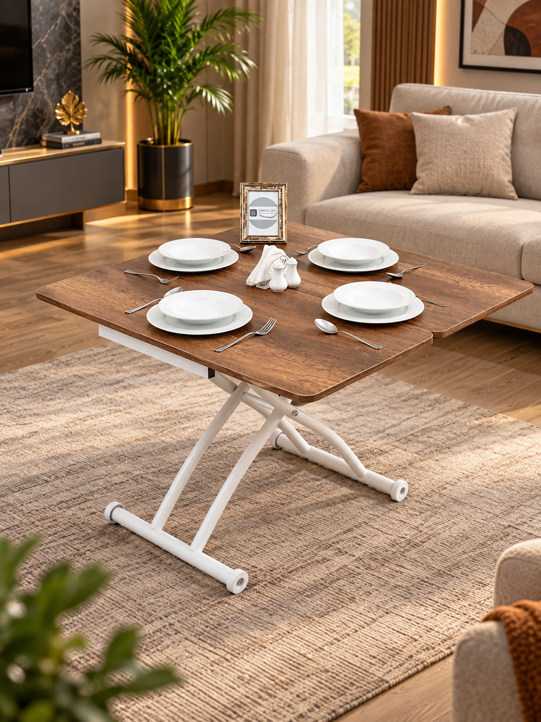 Mini Juppo Smart Coffee Table – White Marble MDF Top & White Outward Curved Metal Leg