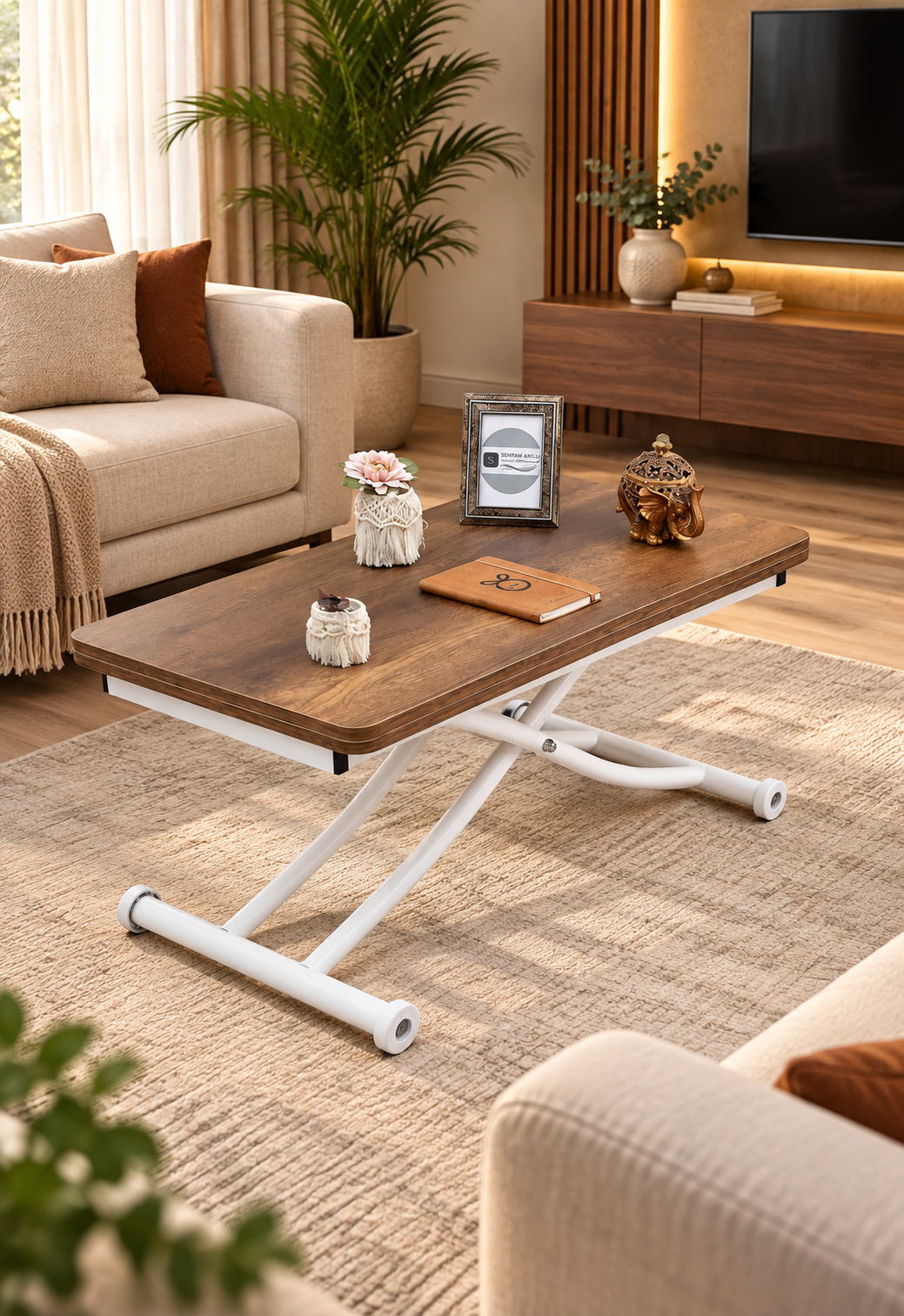 Mini Juppo Akıllı Sehpa – Barok Koyu Ceviz MDF Üst & Beyaz İçe Kıvrım Metal Ayak