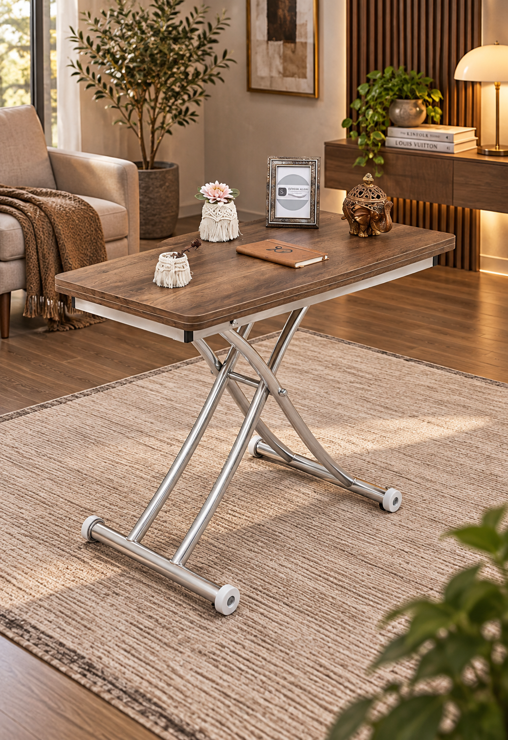 Mini Juppo Akıllı Sehpa – Barok Koyu Ceviz MDF Üst & Krom İçe Kıvrım Metal Ayak