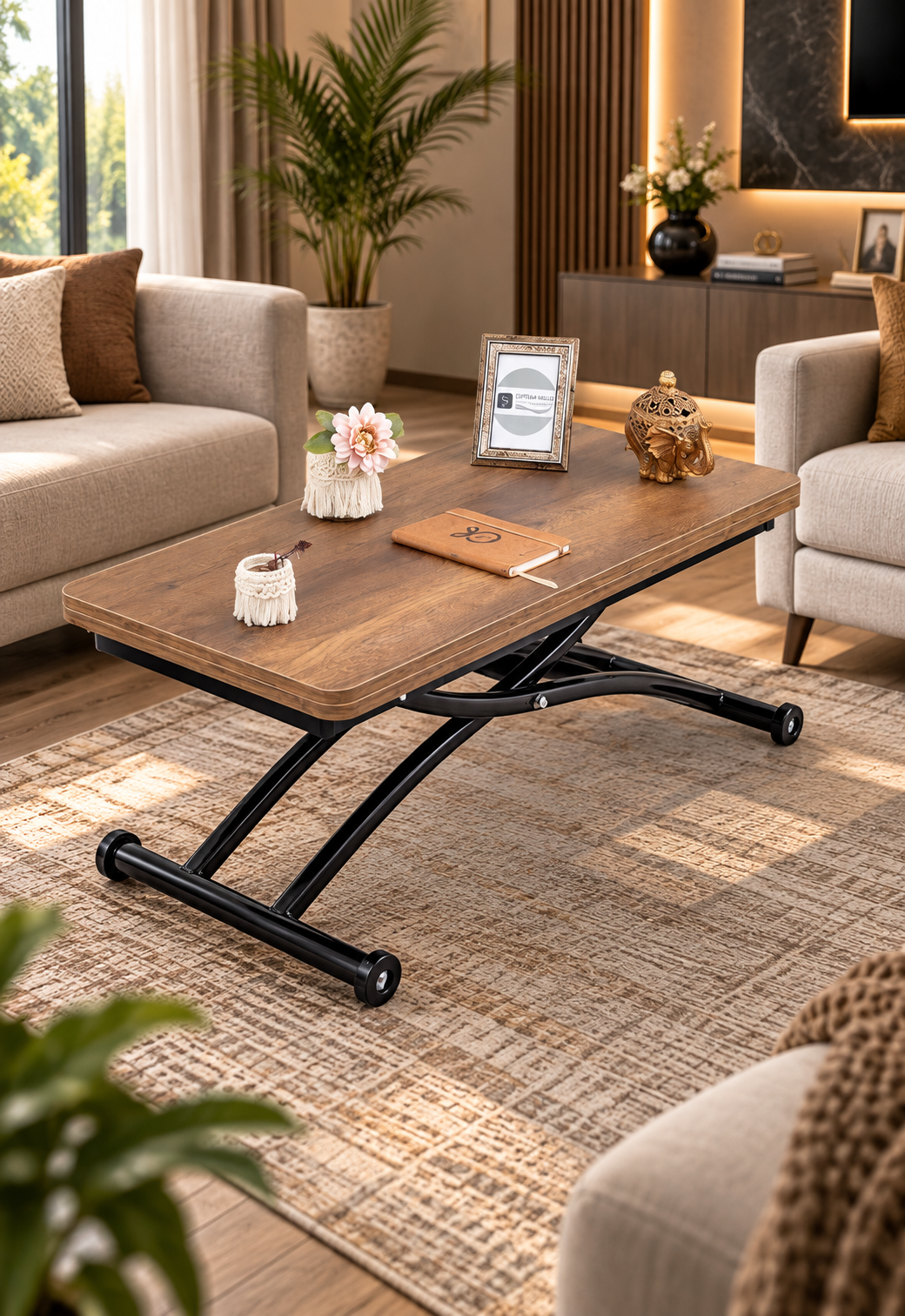 Mini Juppo Smart Coffee Table – Antique Light MDF Top & Black Outward Curved Metal Leg