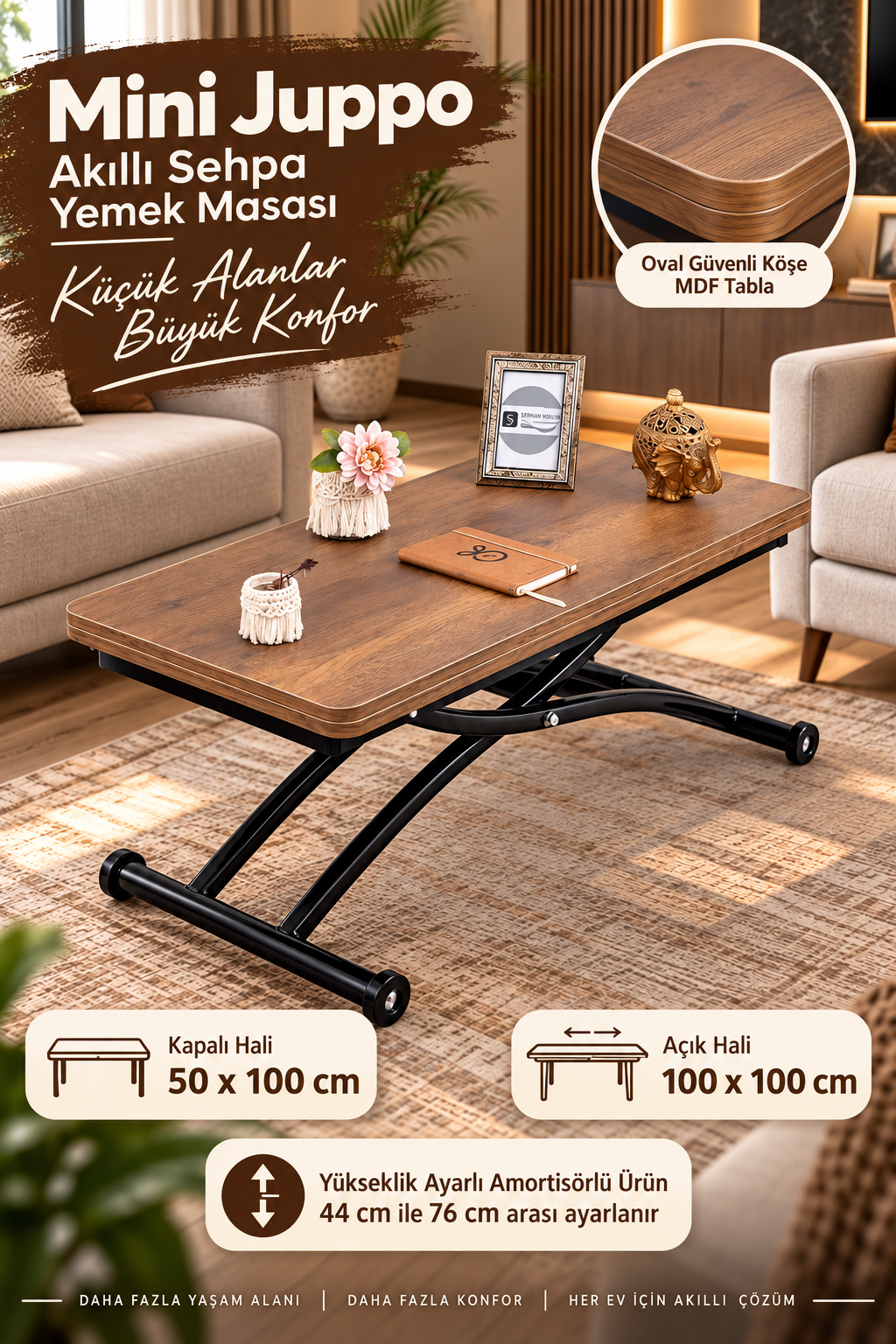 Mini Juppo Smart Coffee Table – Antique Light MDF Top & Black Outward Curved Metal Leg
