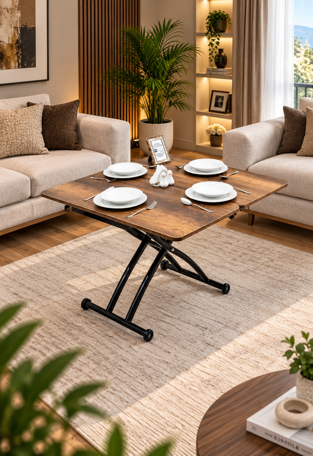 Mini Juppo Smart Coffee Table – Antique Light MDF Top & Black Outward Curved Metal Leg