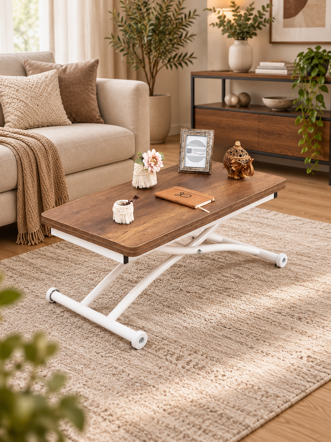 Mini Juppo Smart Coffee Table – White Marble MDF Top & White Outward Curved Metal Leg