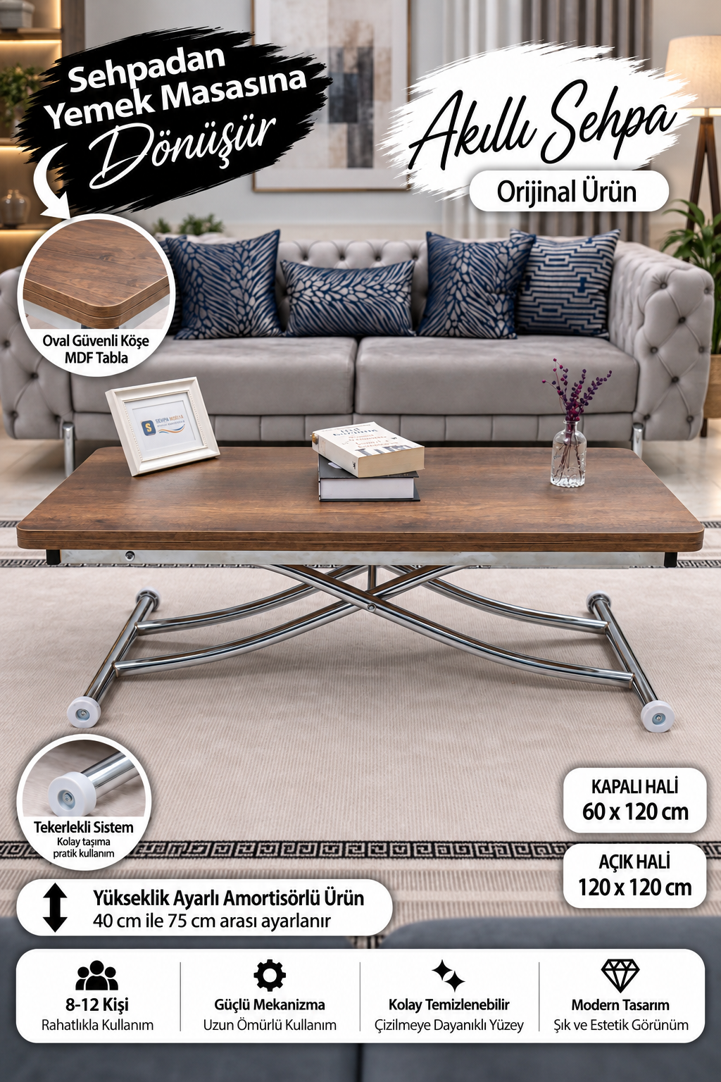 Juppo Smart Coffee Table – Anti-Scratch MDF Top & Chrome Metal Leg