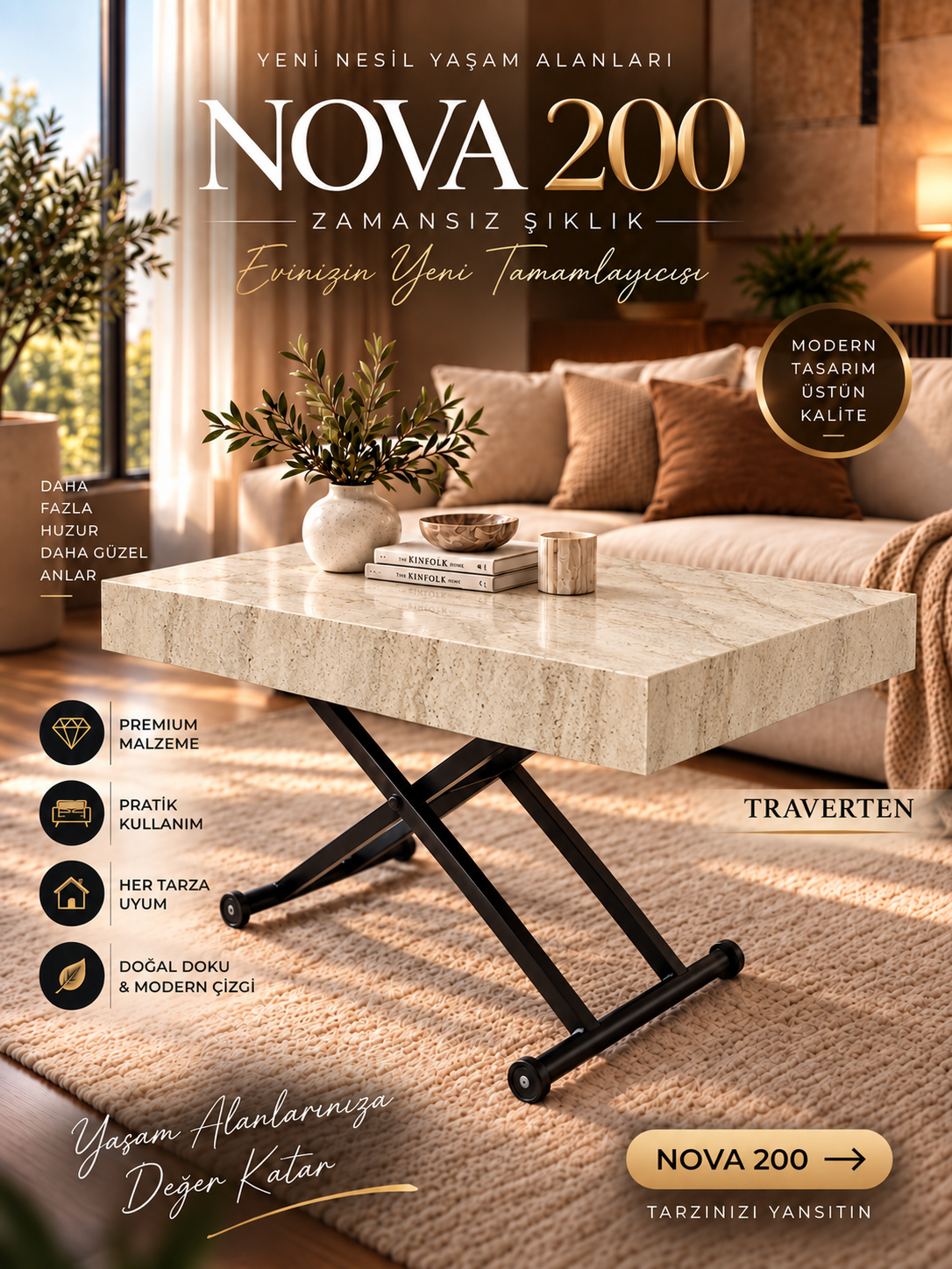 Oval Side-Opening Smart Table | Travertine MDF & Black