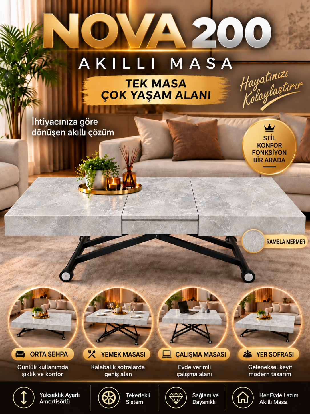 Oval Side-Opening Smart Table | Travertine MDF & Black