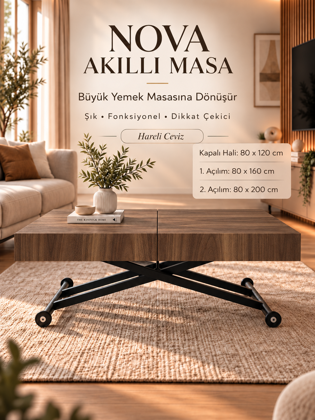 Oval Side-Opening Smart Table | Travertine MDF & Black