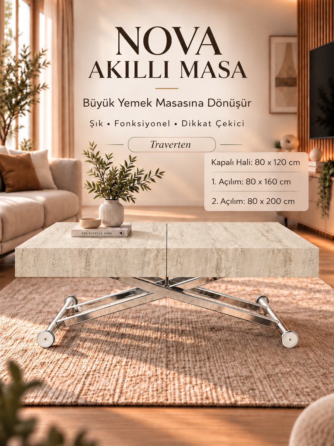 Oval Side-Opening Smart Table | Travertine MDF & Black