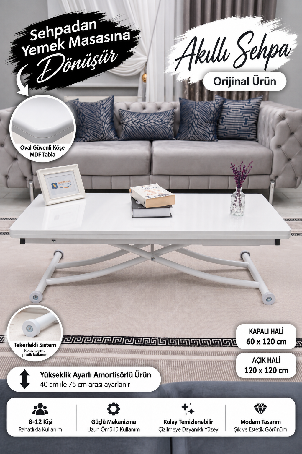 Juppo Smart Coffee Table – White MDF Top & White Metal Leg