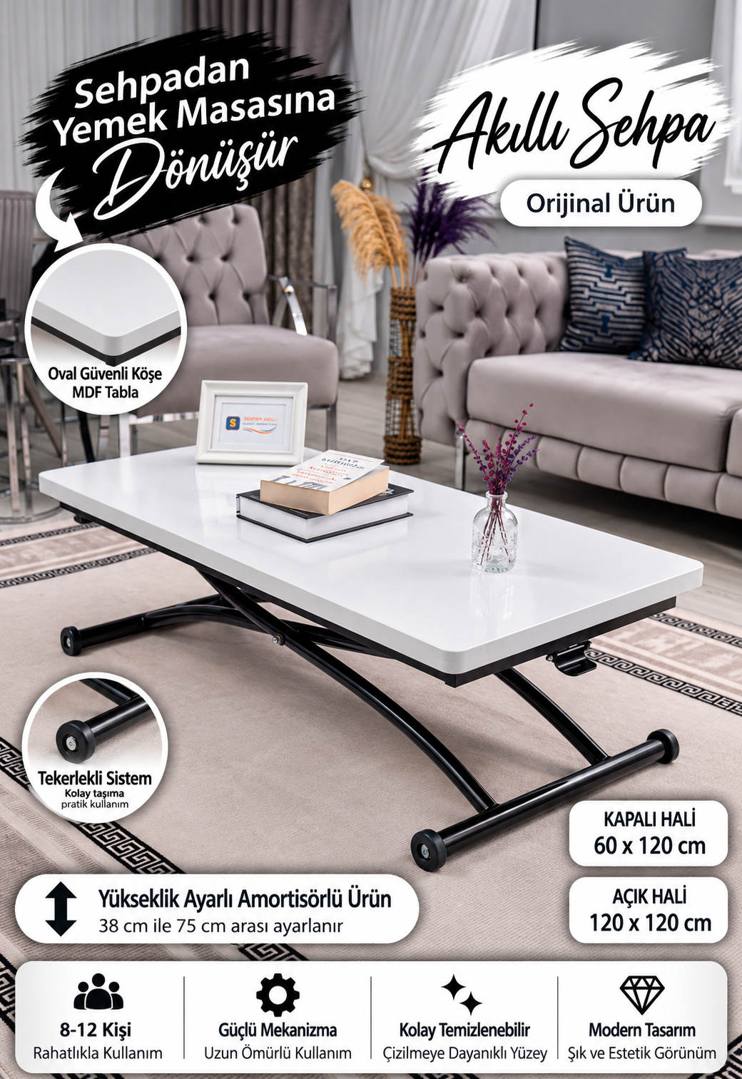Juppo Smart Coffee Table – White MDF Top & Black Outward Curved Metal Leg