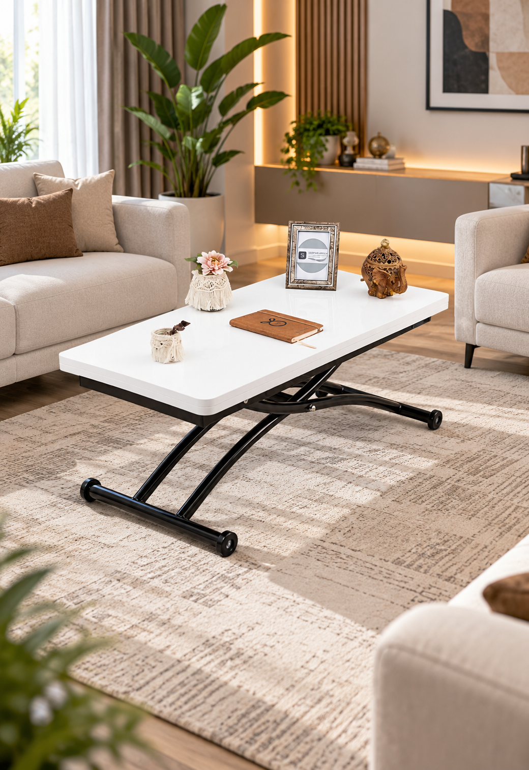 Mini Juppo Smart Coffee Table – Antique Light MDF Top & Black Outward Curved Metal Leg