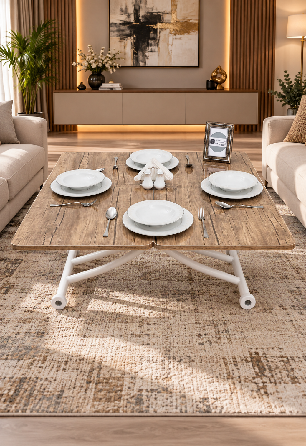 Mini Juppo Smart Coffee Table – Antique Light MDF Top & White Metal Legs