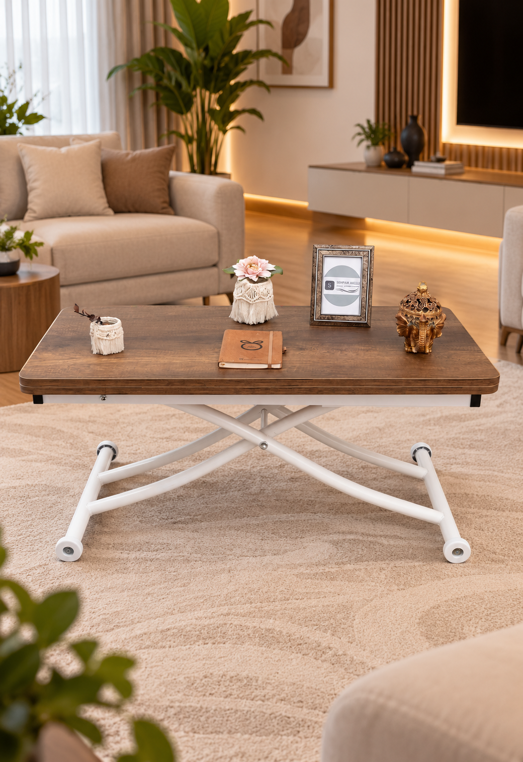 Mini Juppo Akıllı Sehpa – Barok Koyu Ceviz MDF Üst & Beyaz İçe Kıvrım Metal Ayak